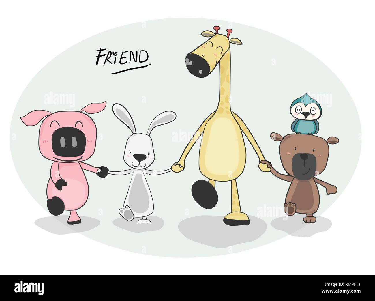 Groupe d'animaux heureux holding hand et la marche en avant Illustration de Vecteur