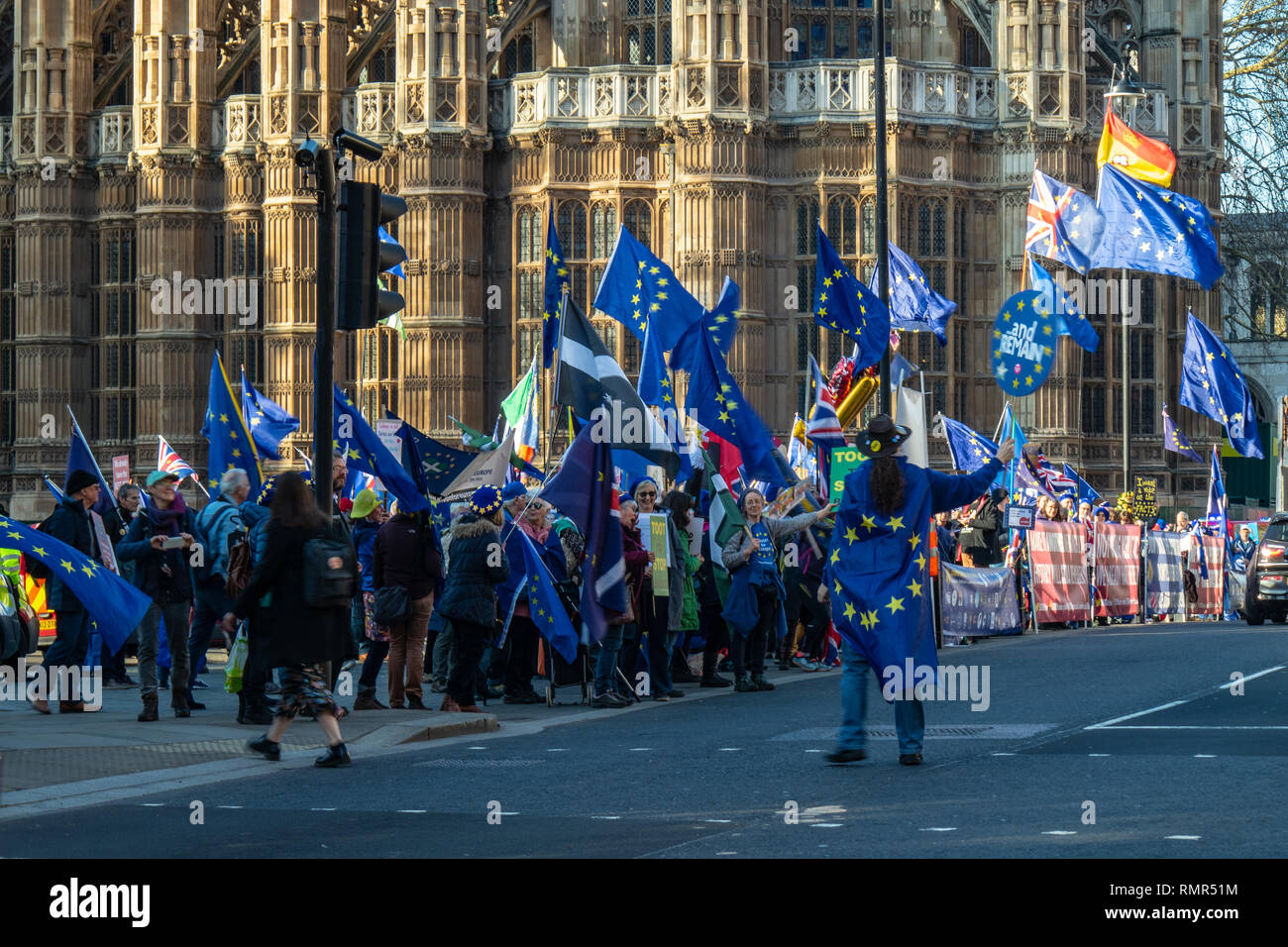 Des manifestants à l'extérieur de Brexit parlement le 14 févr. 2019 Banque D'Images