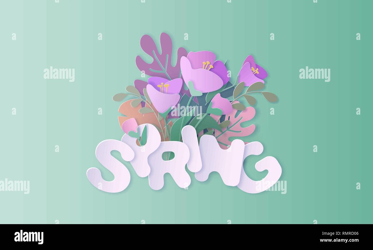 Coupe papier bannière fleurs printemps 3d en mauve et violet couleurs avec des grosses lettres. Elément décoratif pour maison de design. Vector illustration papier coupé Illustration de Vecteur