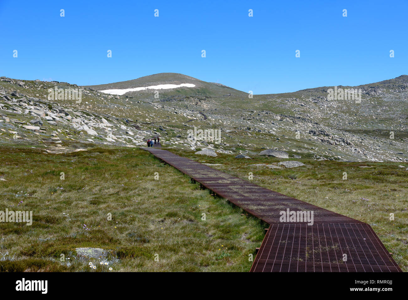 Le sommet à pied menant au mont Kosciuszko dans les montagnes de neige en été Banque D'Images