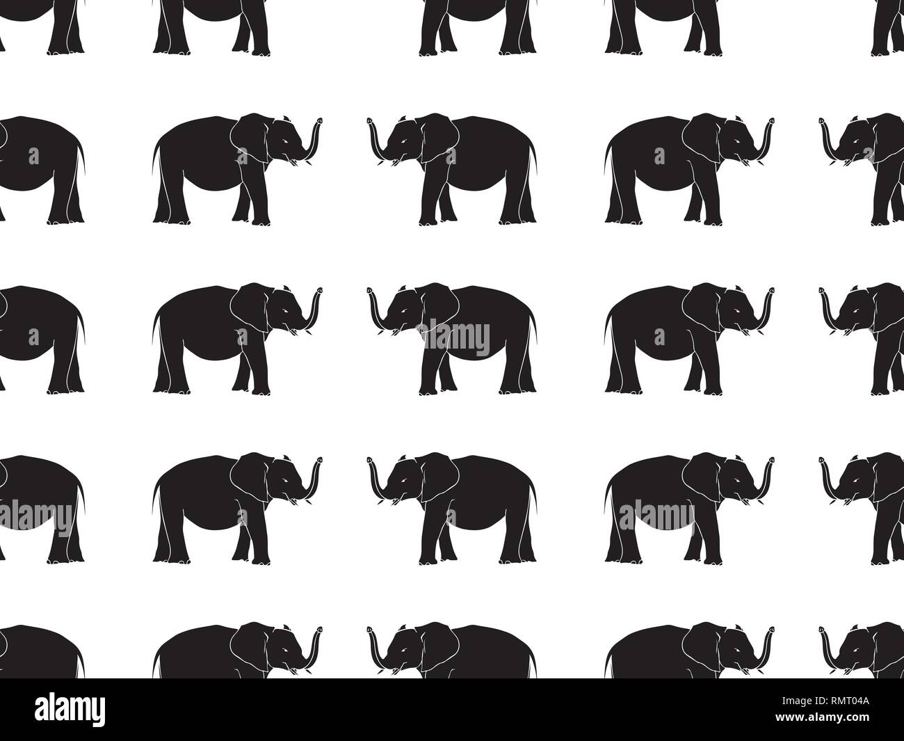 Modèle sans couture avec hand drawn vector illustration silhouettes éléphant. Noir sur fond blanc. Illustration de Vecteur