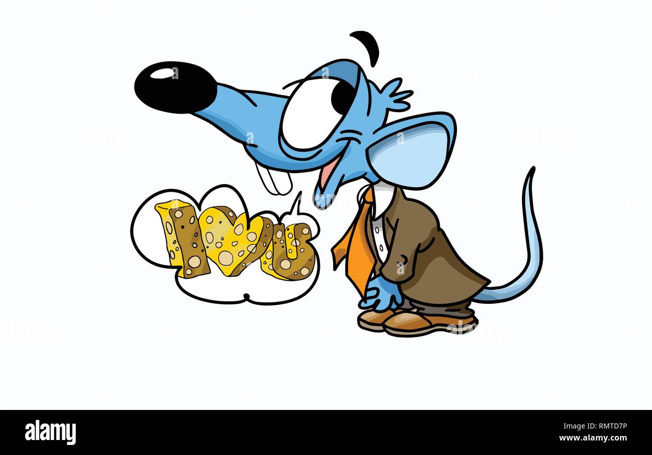 Souris de dessin animé montrant son amour avec lettres composé de fromage dans un speech bubble Illustration de Vecteur