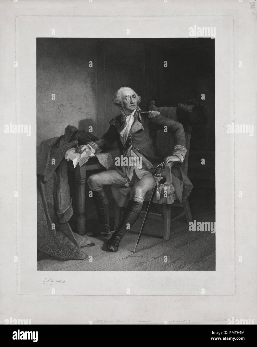 Le général George Washington, Portrait assis tenant lettre du révérend Jacob Duche, mendicité Washington pour négocier la paix avec les Britanniques, Valley Forge, 1777 Gravure par Edward S. meilleur après 1851 Schuessele chrétienne Peinture originale Banque D'Images