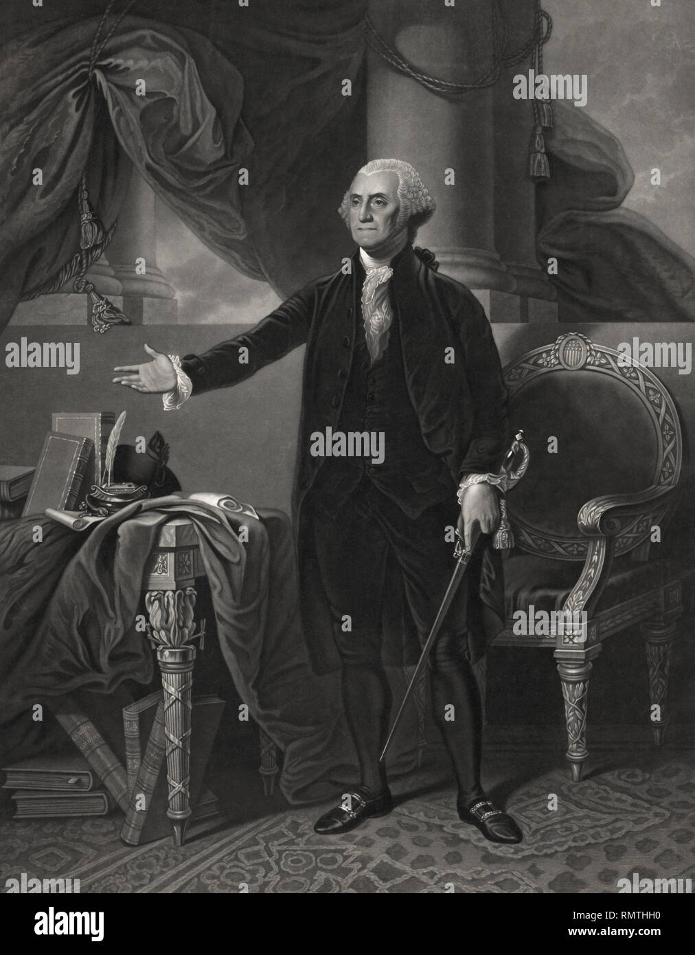 George Washington (1732-99), premier président des États-Unis, un Portrait, gravure par Henry S. Sadd à partir d'une peinture de Gilbert Stuart, imprimé par John Neale, 1844 Banque D'Images