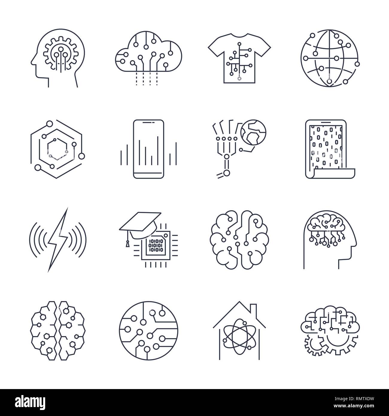 Ensemble d'icônes dans le quartier branché de style linéaire de l'innovation et des nouvelles technologies d'artificiel. AI, ITO. Avc. modifiable Illustration de Vecteur