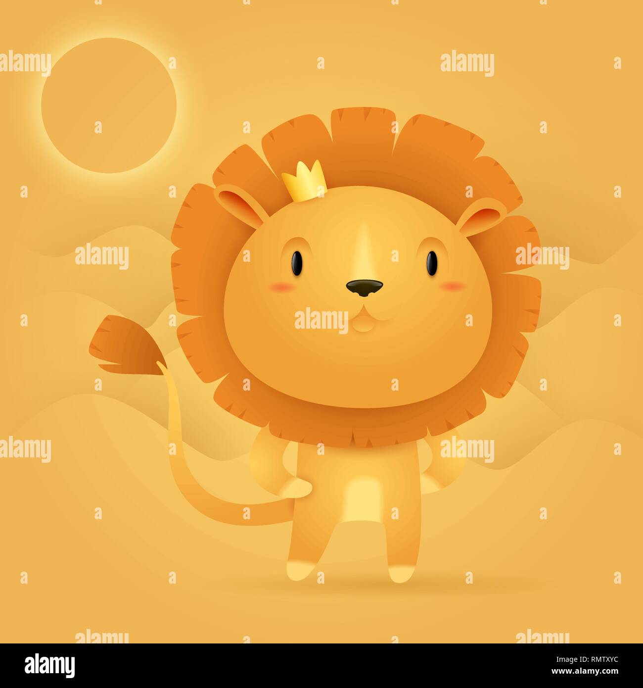 Cute little lion caractère sur un désert contexte en couleurs orange Illustration de Vecteur