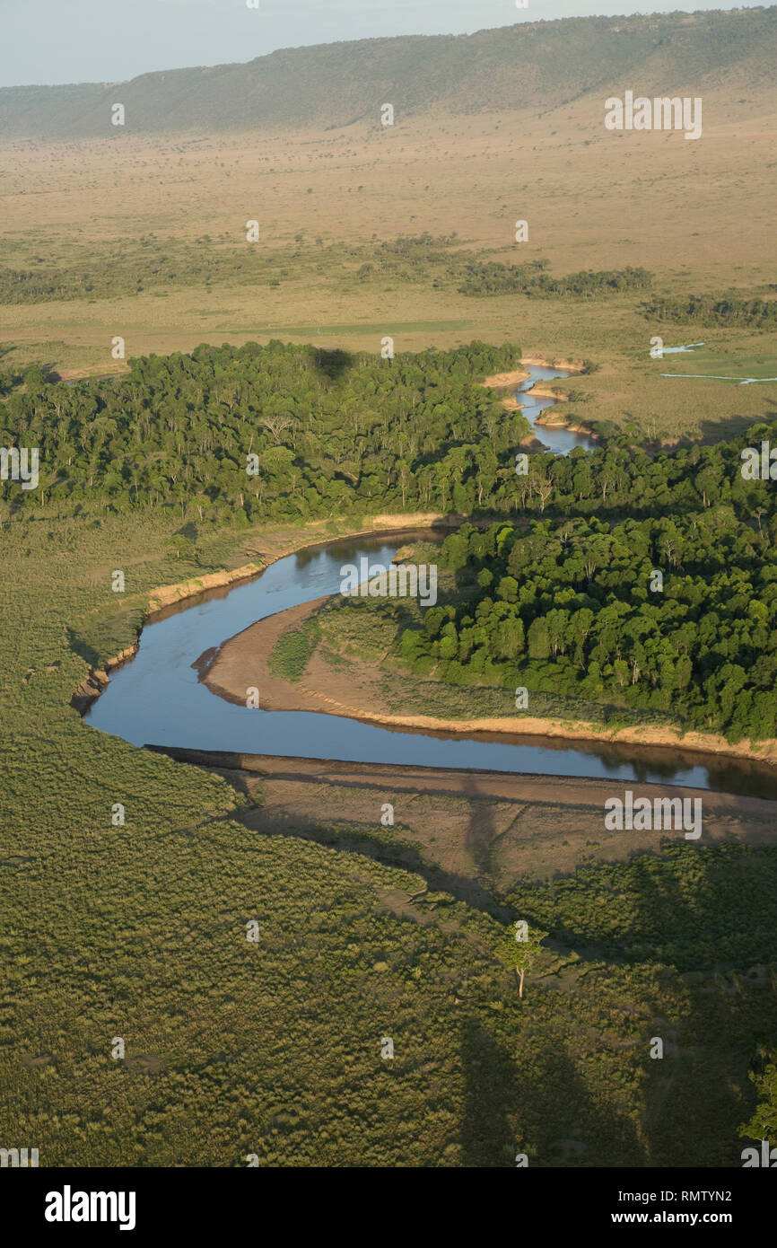 Vue aérienne de la rivière Mara des Bois, de riverains avec ballon, Masai Mara, Kenya Banque D'Images