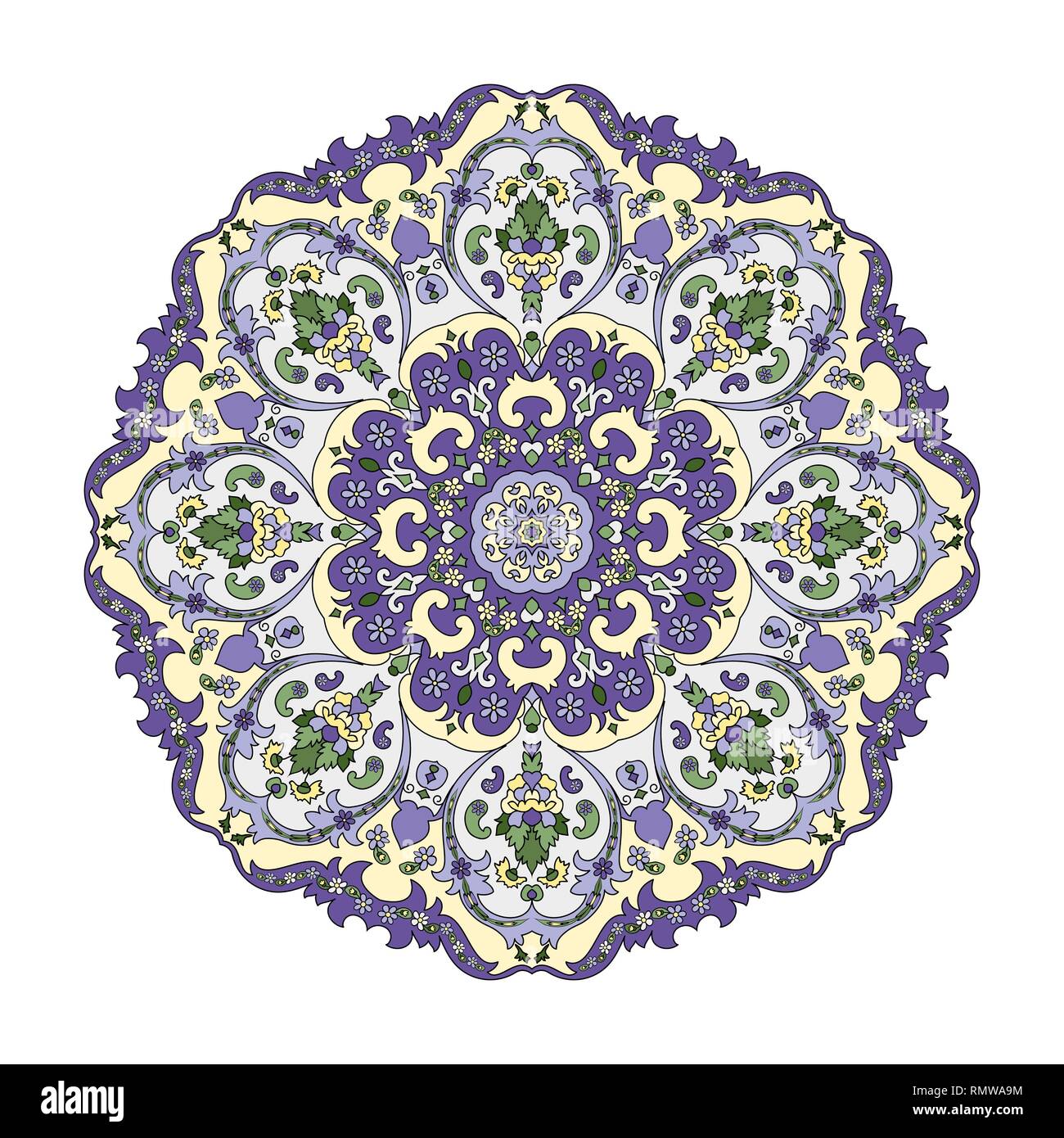 L'est très orné, mandala avec contour noir. Vector, rond, coloré ornement en mauve et jaune isolé sur fond blanc. Illustration de Vecteur