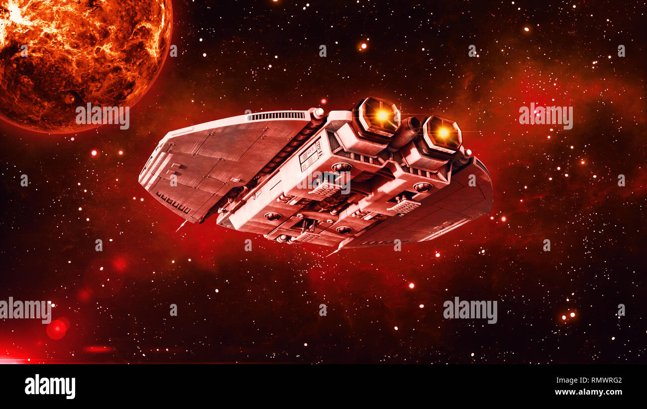 Vaisseau spatial dans l'espace profond, l'engin spatial OVNI volant dans l'univers de planète et des étoiles en arrière-plan, Vue de dessous de l'arrière, 3D Rendering Banque D'Images