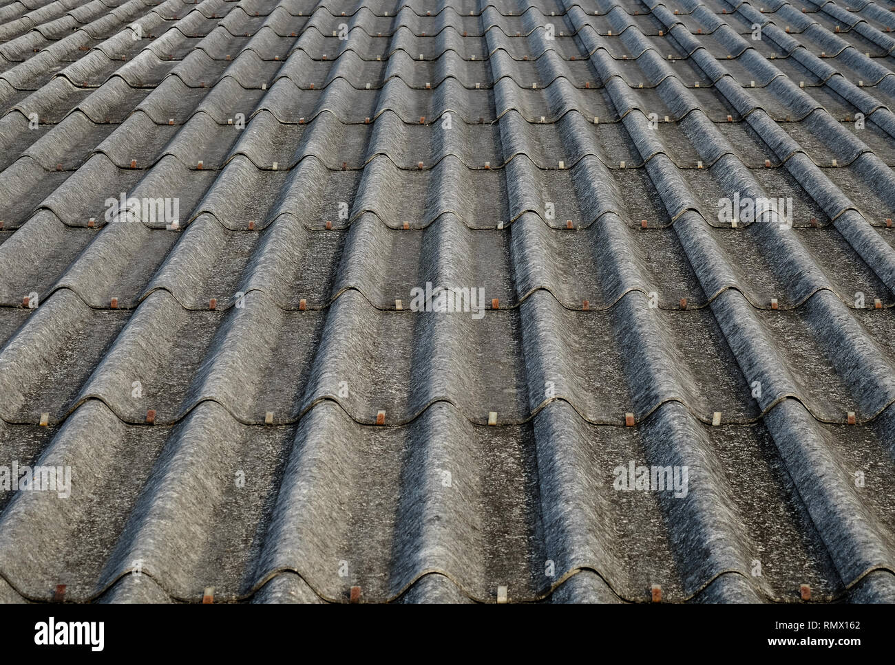 Vieilles tuiles de béton gris avec des taches de saleté dans le feuille a été utilisé pendant une longue période, un point vue perspective. Banque D'Images