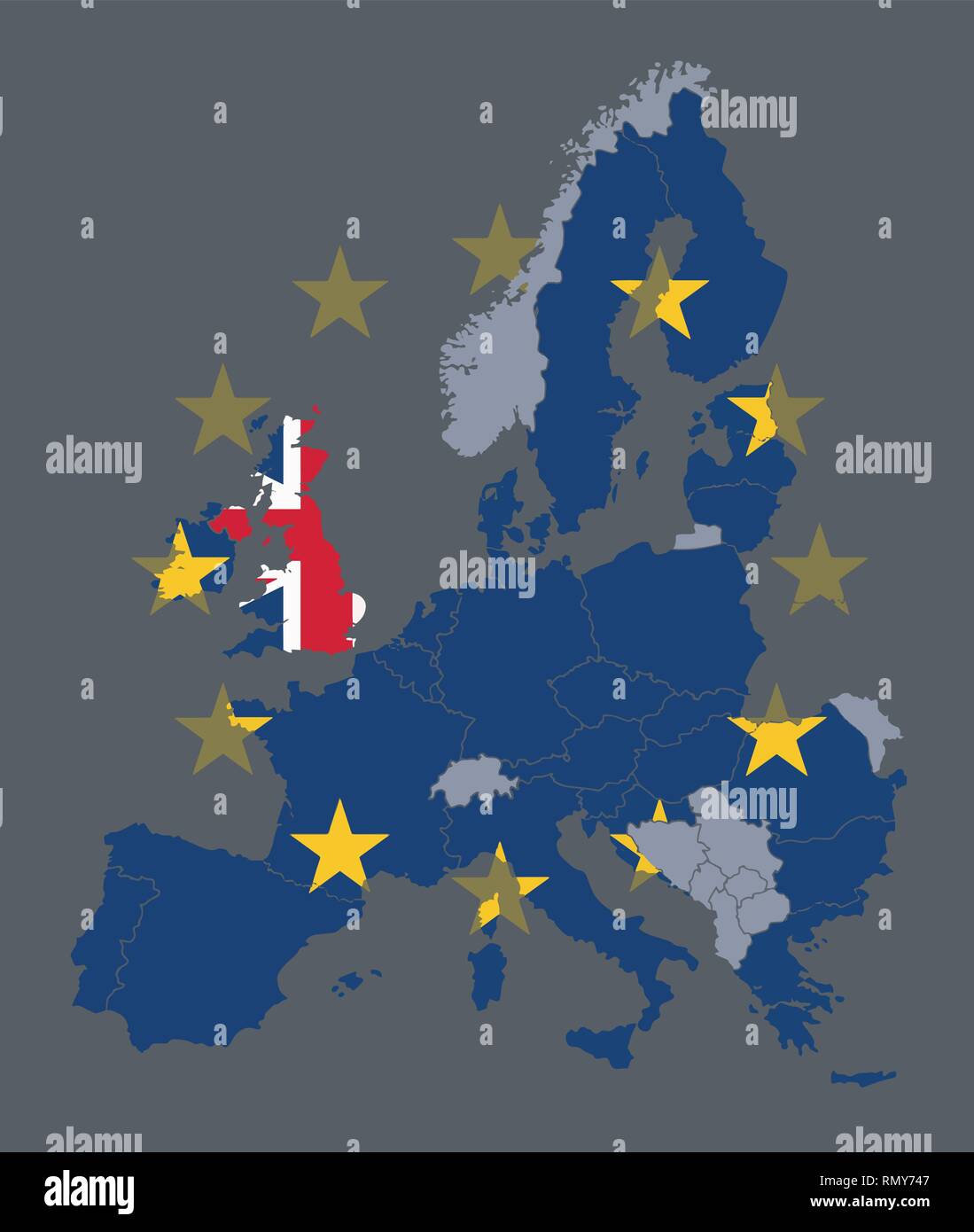 Carte vectorielle des états membres de l'UE avec drapeau de l'Union européenne et le Royaume-Uni l'objet avec pavillon britannique au cours de processus Brexit Illustration de Vecteur