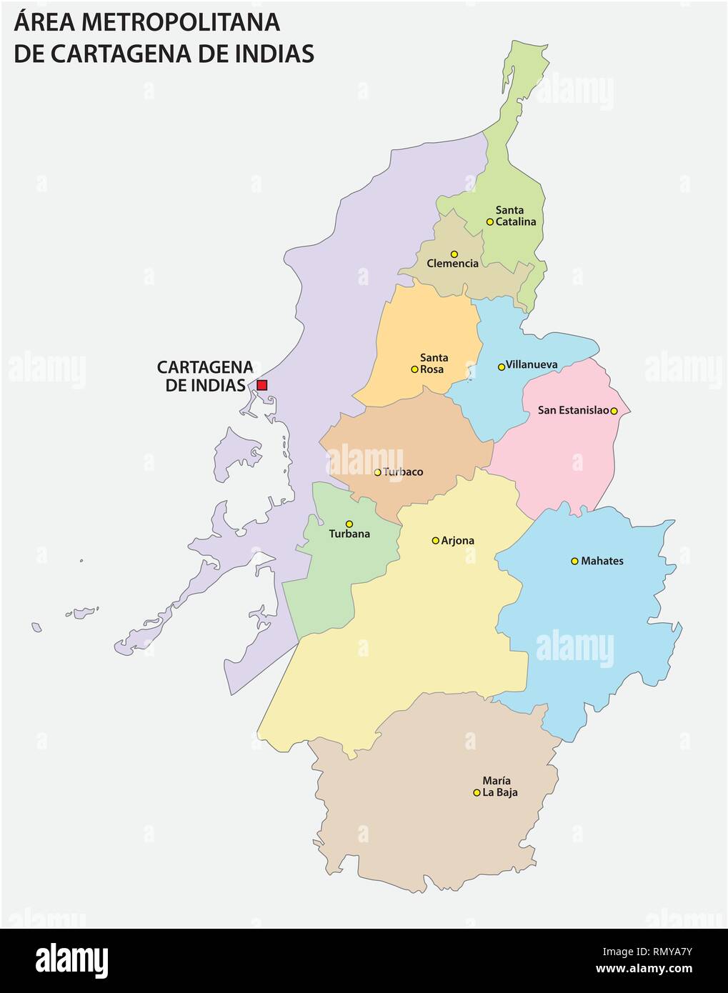 Politique et administrative carte vectorielle de la zone métropolitaine de Cartagena de Indias, Colombie Illustration de Vecteur