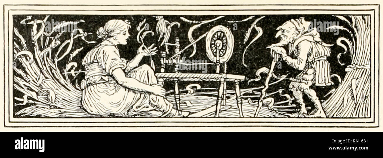 Illustration « Rumpelstiltskin et la fille du meunier » de l’artiste britannique Walter Crane (1845-1915) montrant la fille du meunier confrontée à Rumpelstiltskin alors qu’elle tente de faire tourner la paille en or. Photographie tirée d’un livre original de Grimm’s Fairy Tales publié en 1886. Crédit : Collection privée / AF Fotografie Banque D'Images