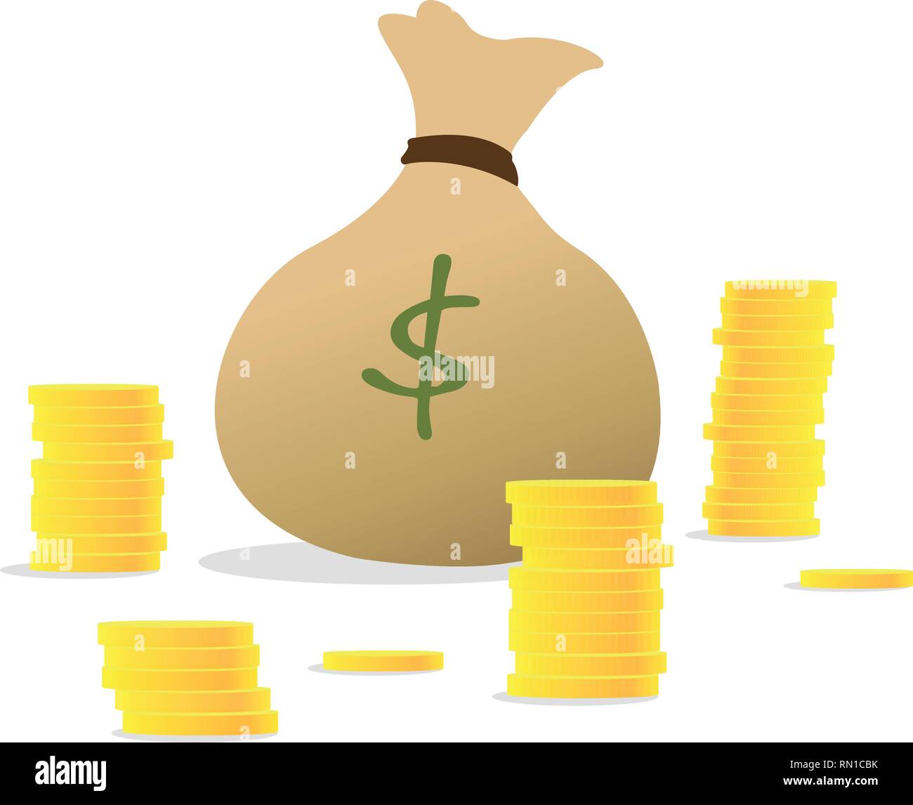 Piles de pièces de monnaie et sac d'argent. Concept d'argent comme un sac d'argent, de la pile de pièces. Sac d'argent et pièce d'or empilable. Argent pour les prêts à l'investissement prévu Illustration de Vecteur