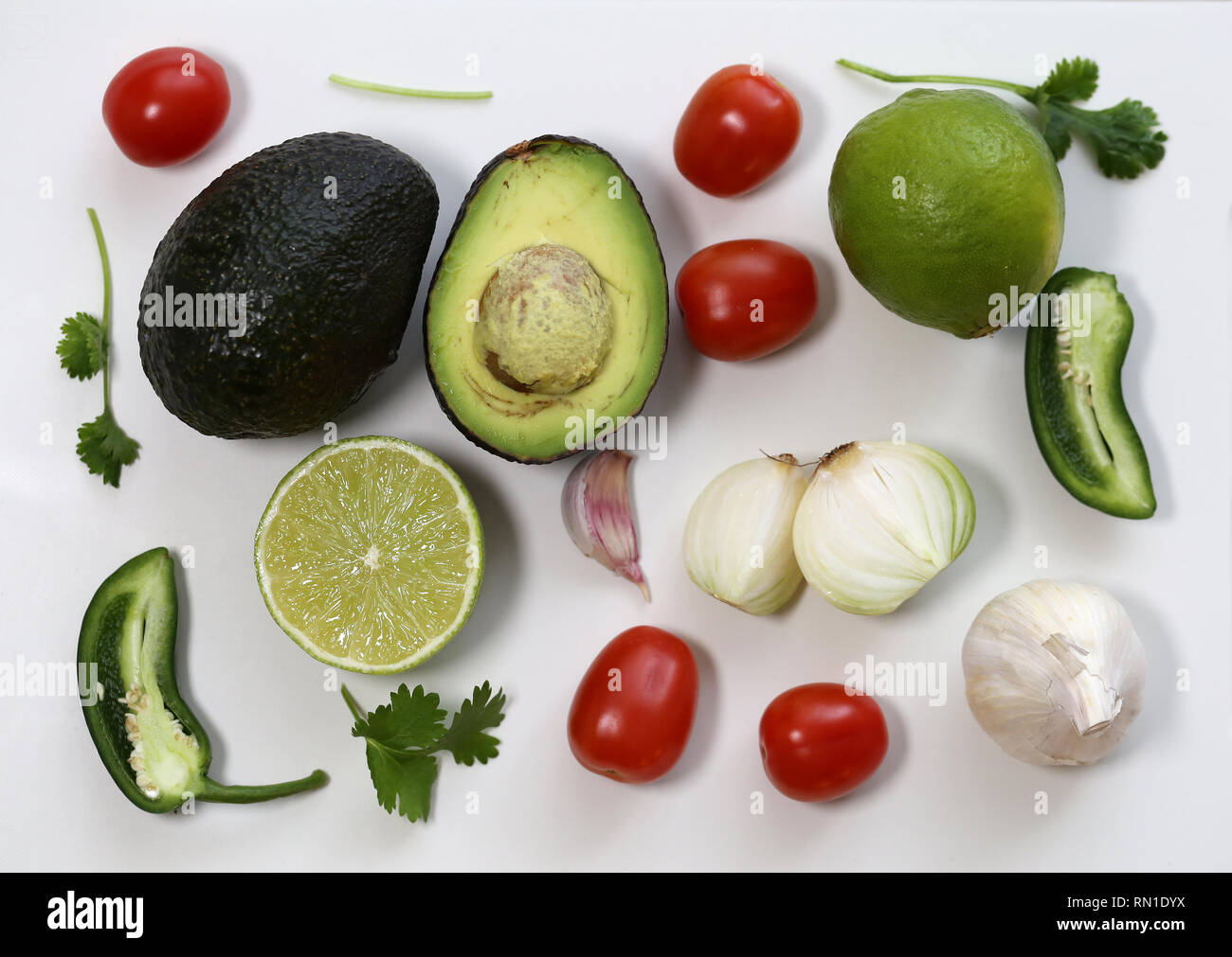 Guacamole ingrédients dans un vivent encore photo. La photo comprend des avocat, coriandre, tomates, citron vert, piment jalapeno, l'oignon et l'ail des gants. Délicieux ! Banque D'Images