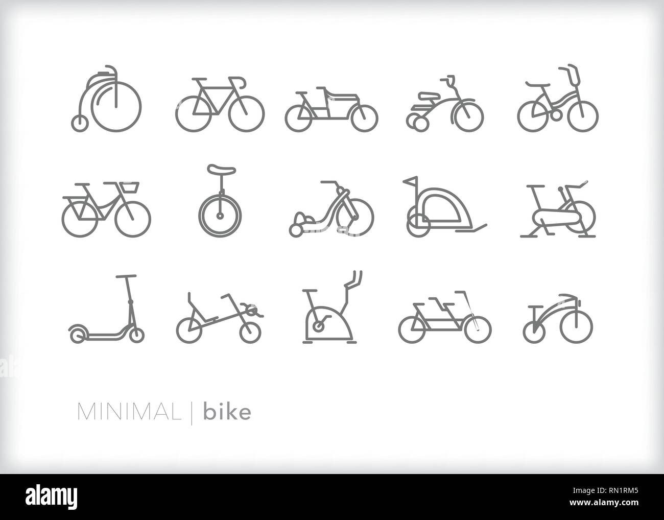 Ensemble de 15 icônes de ligne de vélo montrant différents types de vélos y compris démodées, cruiser, l'exercice, tandem, vélo couché, tricycle, et monocycle Illustration de Vecteur