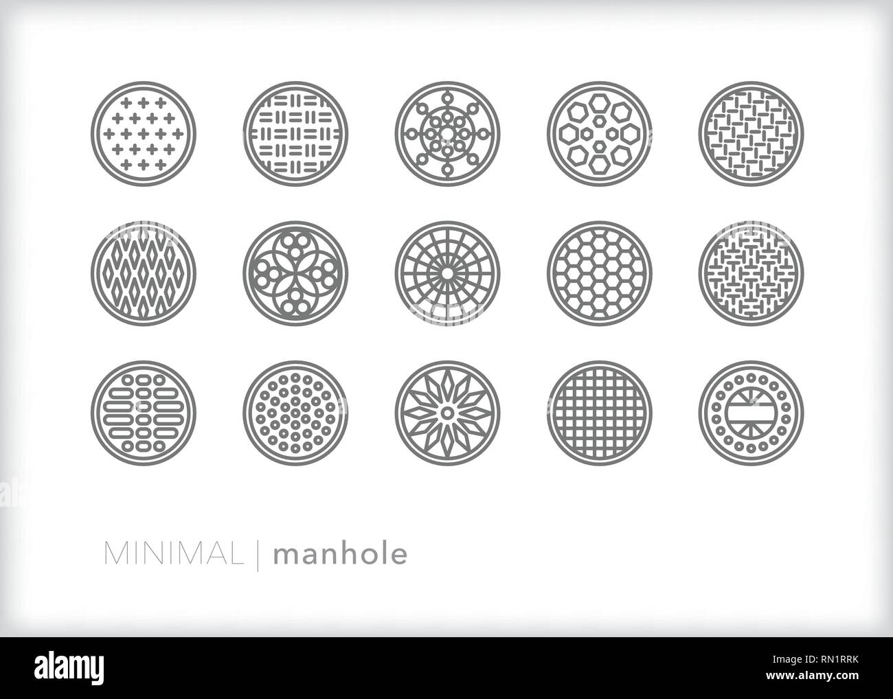 Ensemble de 15 métal gris couvercle de trou d'icônes pour street et de la construction, de l'infrastructure de drainage, de fils électriques et de l'accès des égouts Illustration de Vecteur