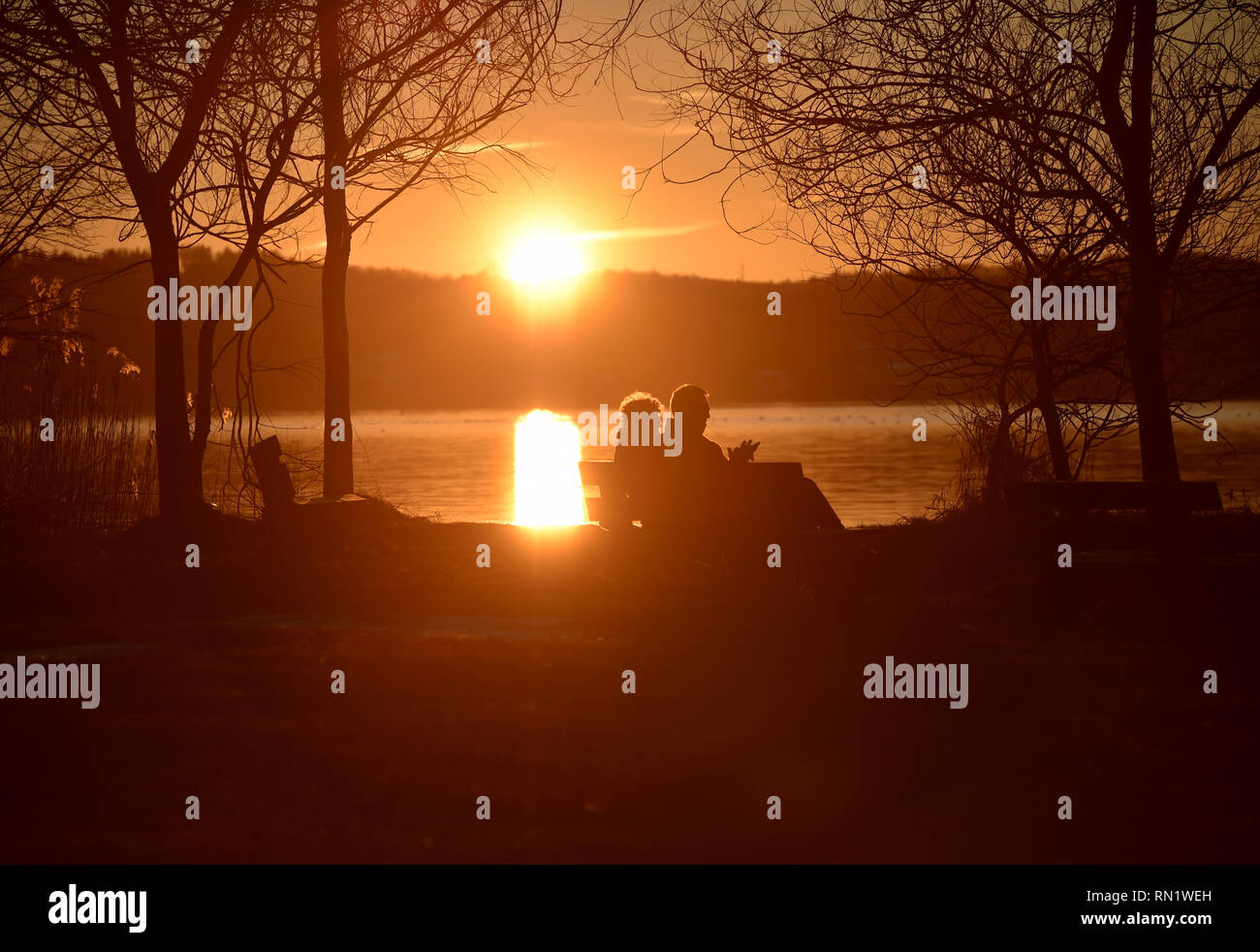 Munich, Allemagne. 16 février 2019, Bavaria, Munich : les marcheurs profiter des derniers rayons du soleil sur le Lac de Starnberg. Photo : Angelika Warmuth/dpa Banque D'Images
