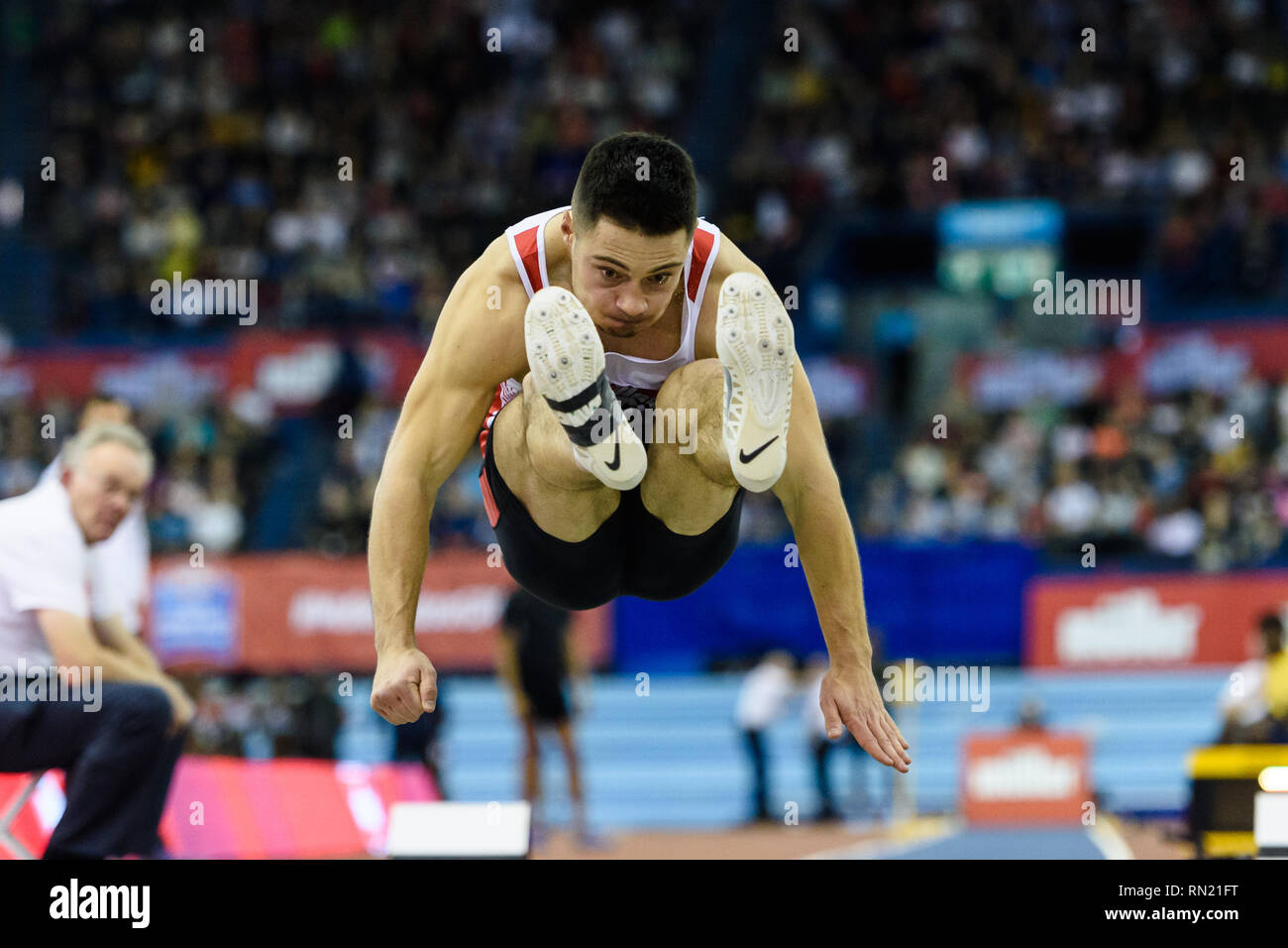 James Lelliott de Grande-bretagne & NI en finale du saut en longueur au cours de Muller Indoor Grand Prix 2019 à Birmingham Birmingham Arena le Samedi, 16 février 2019. BIRMINGHAM ENGLAND. (Usage éditorial uniquement, licence requise pour un usage commercial. Aucune utilisation de pari, de jeux ou d'un seul club/ligue/dvd publications.) Crédit : Taka G Wu Banque D'Images