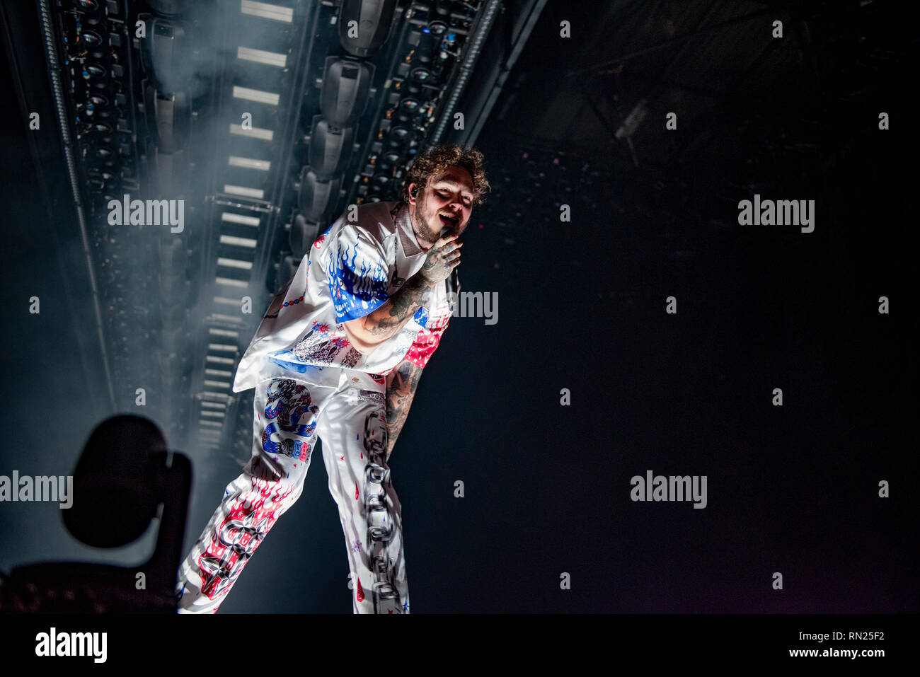 Birmingham, UK. 16 février 2019. Publiez Malone, vrai nom Richard Austin , chanteur rappeur, auteur-compositeur et producteur de l'exécution à la Resorts World Arena, Birmingham 2019-02-16 Crédit : Gary Mather/Alamy Live News Banque D'Images