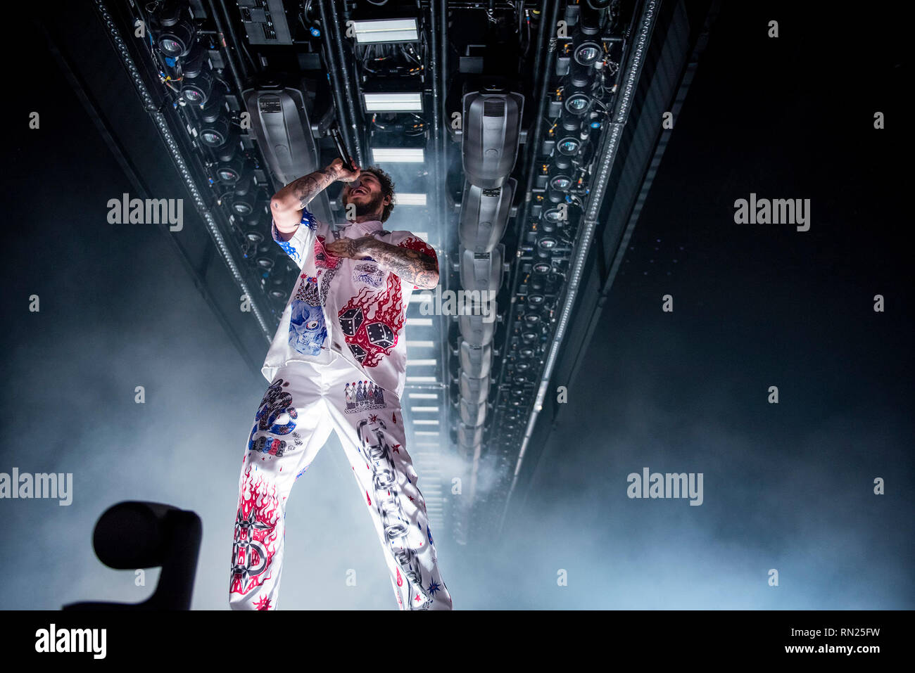 Birmingham, UK. 16 février 2019. Publiez Malone, vrai nom Richard Austin , chanteur rappeur, auteur-compositeur et producteur de l'exécution à la Resorts World Arena, Birmingham 2019-02-16 Crédit : Gary Mather/Alamy Live News Banque D'Images