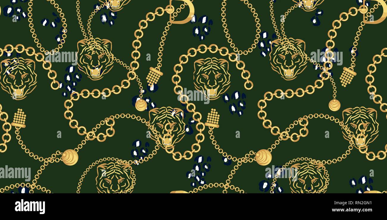 Tête de tigre et des chaînes en or motif vert fashion vecteur conception sauvage. Pendentifs bijoux accessoires impression transparente avec la texture de la peau des animaux pour les foulards, Illustration de Vecteur
