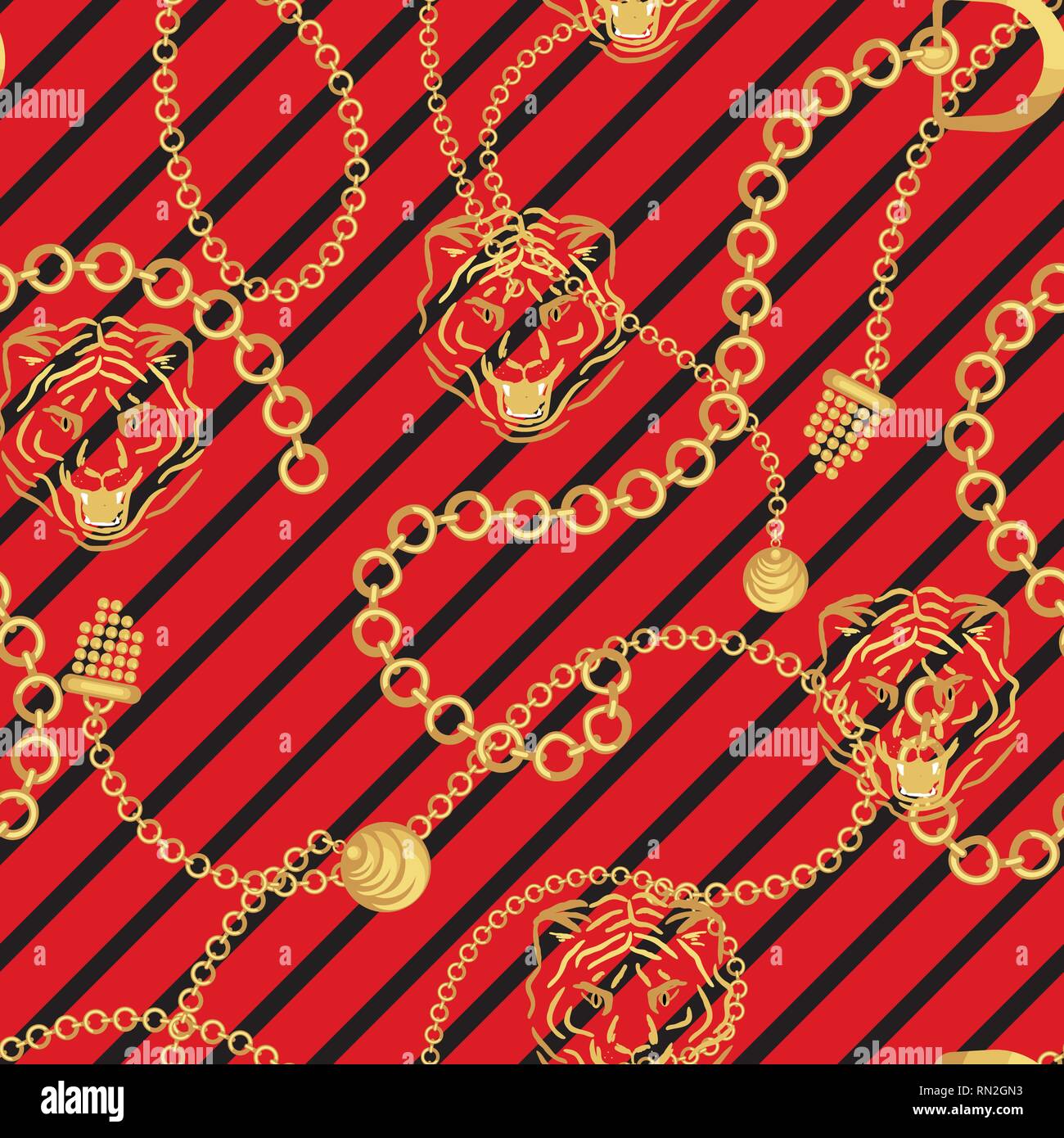Tête de tigre et des chaînes en or rouge à rayures mode modèle vecteur conception sauvage. Pendentifs bijoux accessoires impression transparente avec la texture de la peau des animaux pour sc Illustration de Vecteur