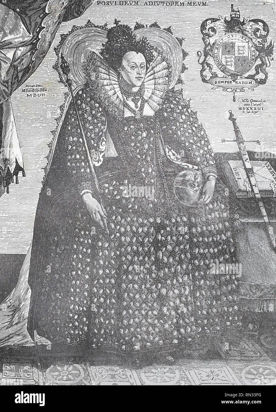 La reine Elizabeth d'Angleterre en tenue royale. Gravure médiévale Banque D'Images