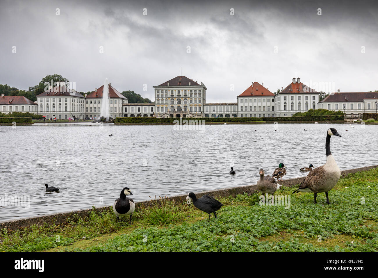 Par les oiseaux du lac à Schloss Nymphenburg, lieu de naissance d'Otto Ludwig Wilhelm Freidrich, roi de Bavière. Munich, Allemagne Banque D'Images