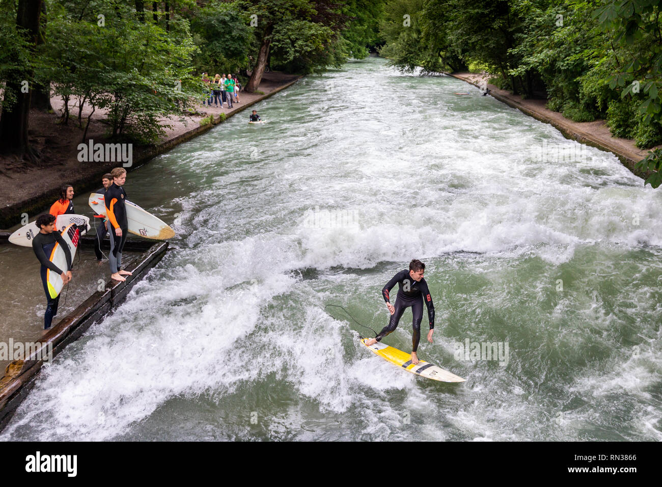 River surfer sur l'Eisbachwelle, Munich, Germany, Europe Banque D'Images