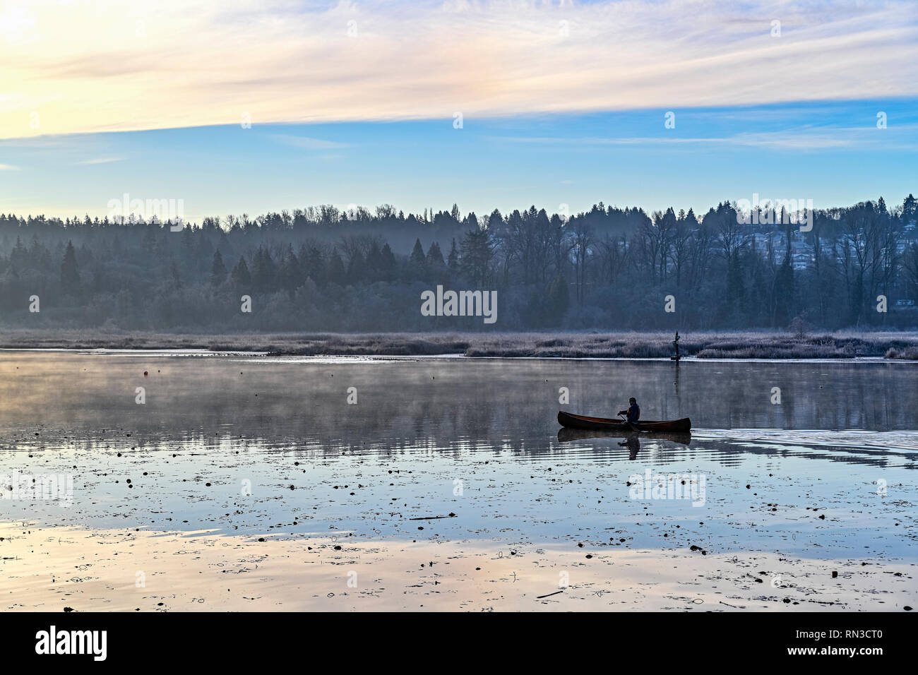 En canoë homme, Burnaby Lake Regional Park, Burnaby, Colombie-Britannique, Canada Banque D'Images