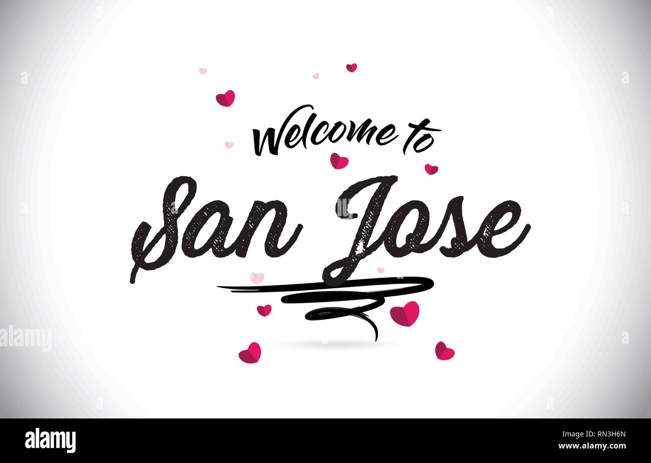 San Jose Bienvenue au mot du texte avec des polices manuscrites et conception de forme coeur rose Vector Illustration. Illustration de Vecteur