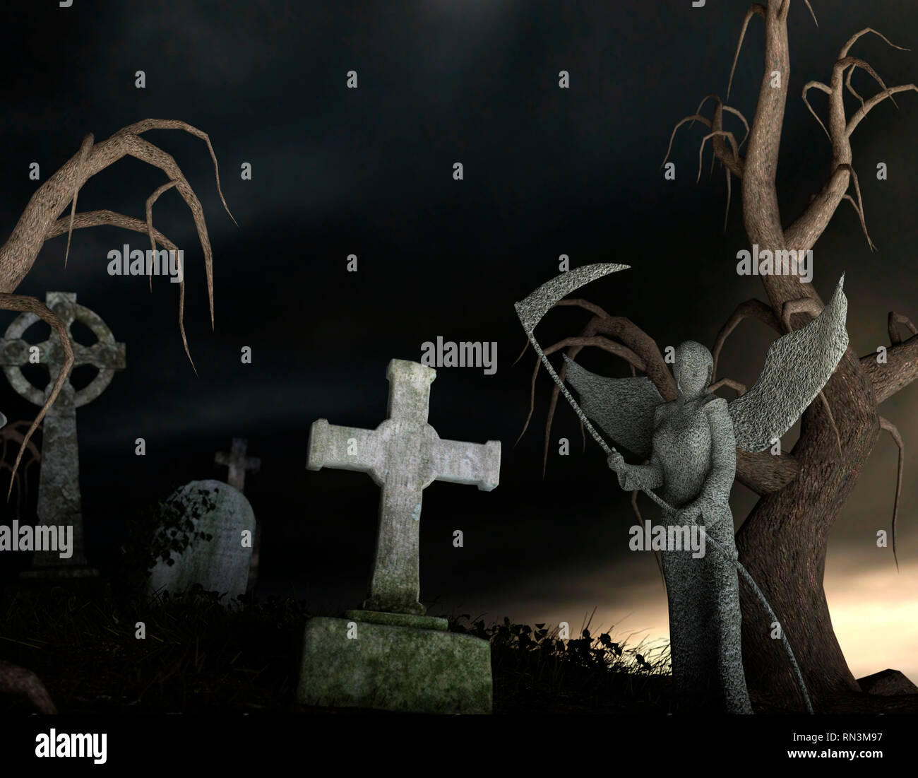 Stony Ange de la mort dans un cimetière effrayant la nuit - le rendu 3D Banque D'Images