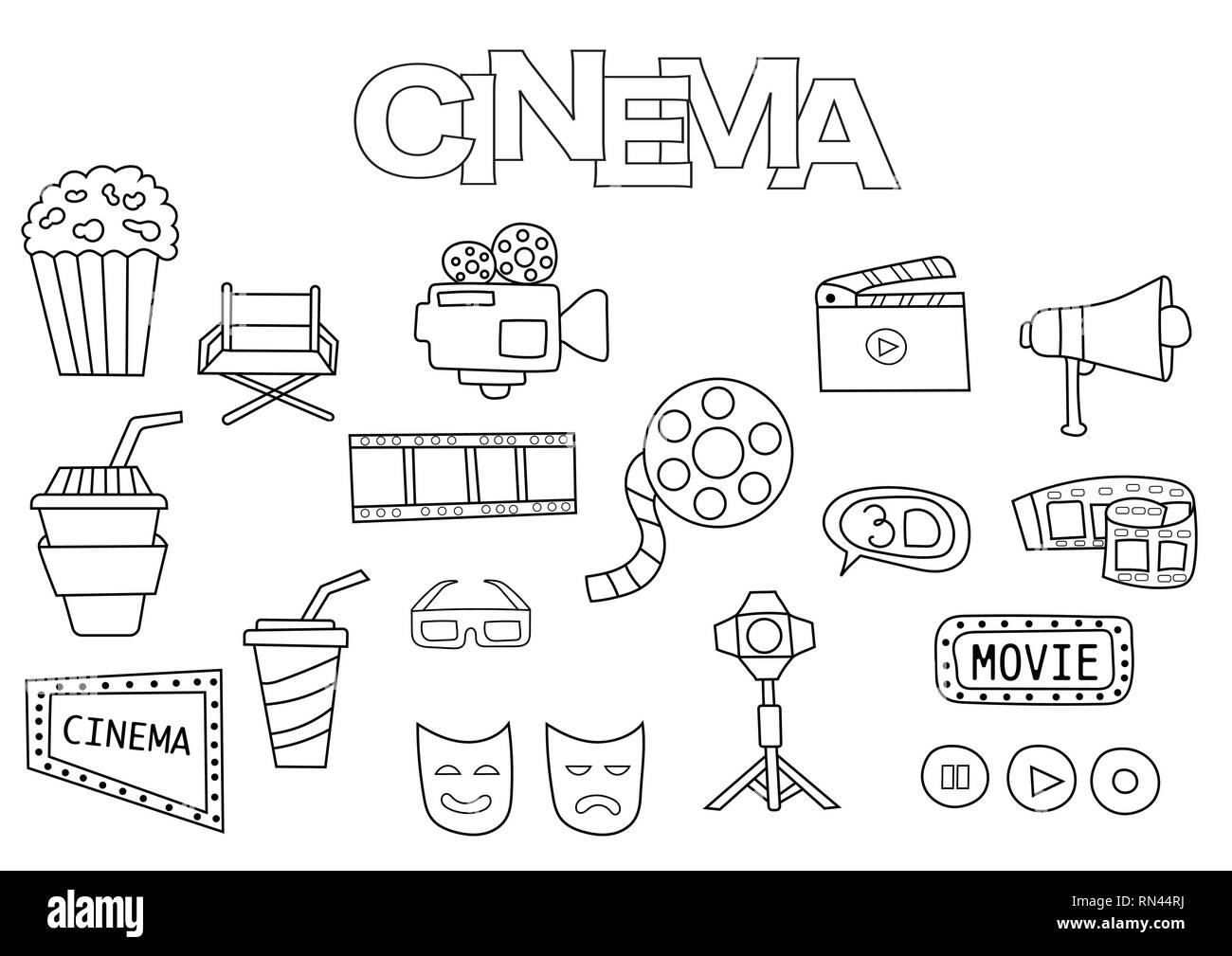 Le cinéma dessiné à la main. Modèle de livre de coloriage. Décrire les