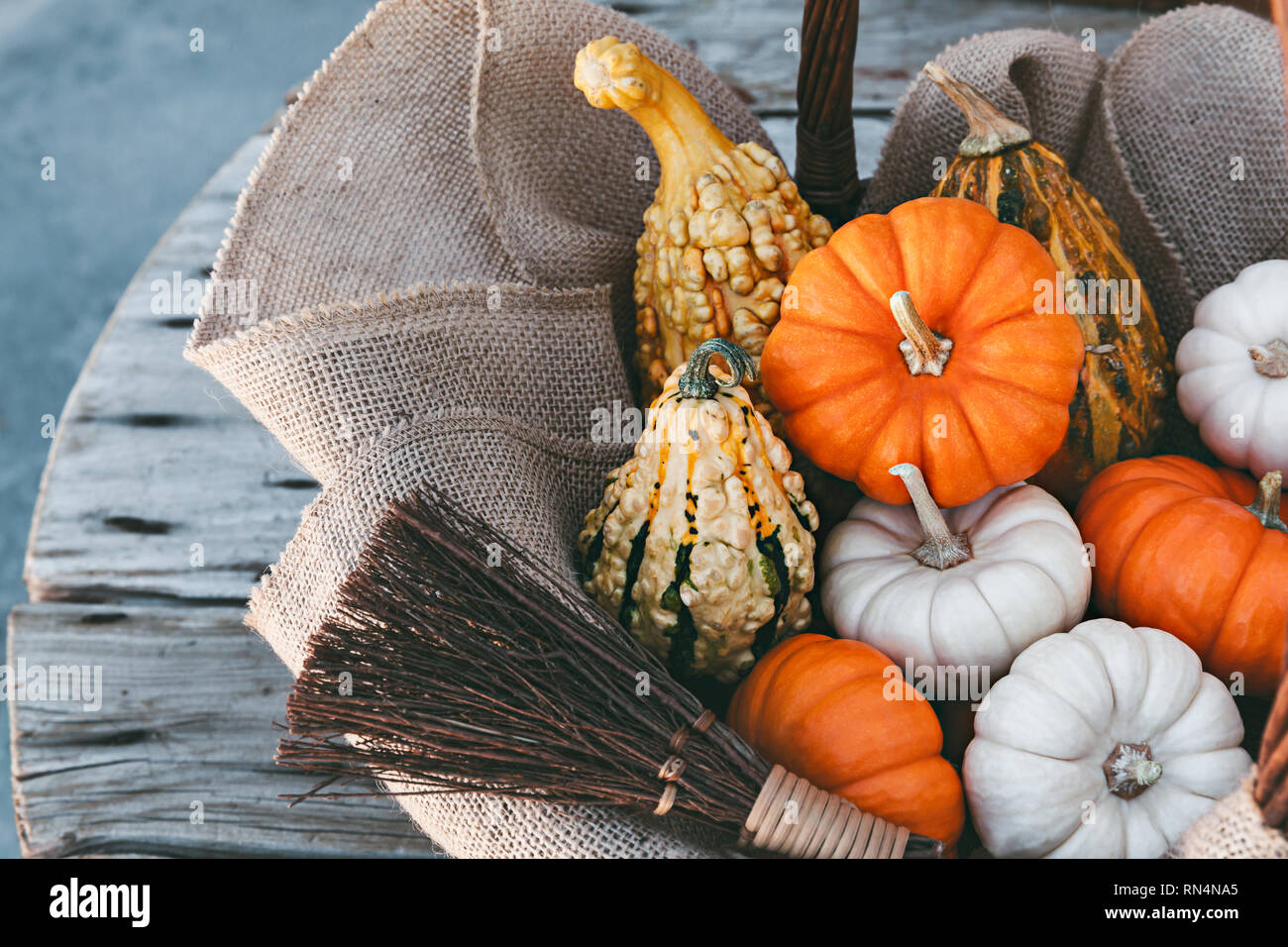 Peu de citrouilles recueillies dans le panier comme décoration d'automne, saison, maison de vacances Concept Banque D'Images