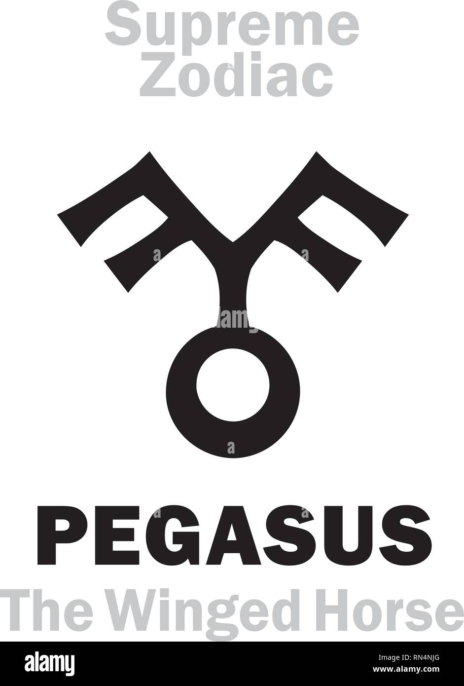 Alphabet d'astrologie : PEGASUS "Volucer Equus" (le cheval ailé), constellation de Pégase. Signe de zodiaque suprême (cercle extérieur). Symbole hiéroglyphique. Illustration de Vecteur