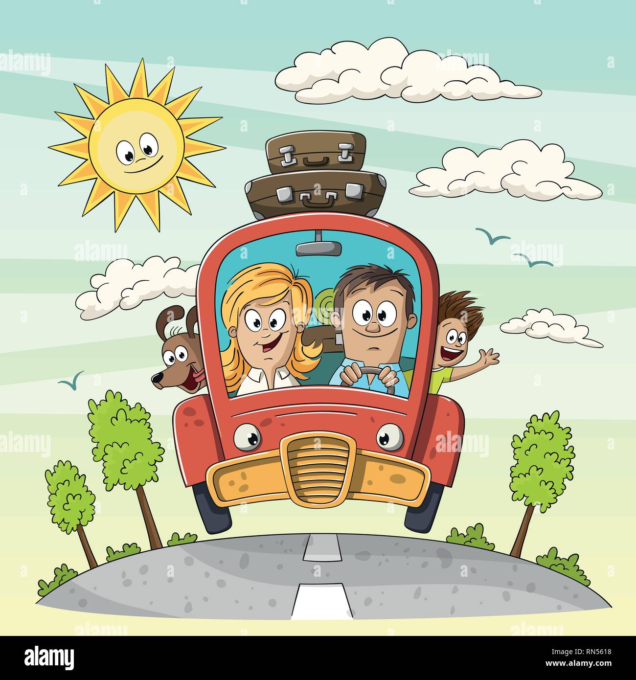 Jeune famille va en vacances avec chien une valises sur le toit du véhicule. Vector Illustration avec des calques distincts. Illustration de Vecteur