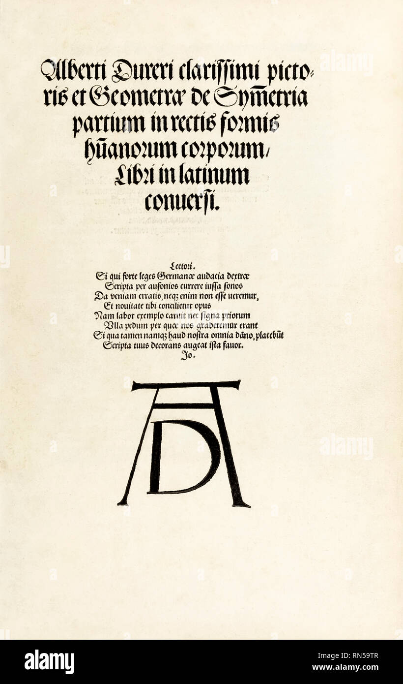 Page de titre avec la gravure sur bois de Dürer de monogramme 'Hierinn begriffen sind vier bücher von menschlicher Proportion' par Albrecht Durer (1471-1528) un travail au sujet de la proportion du corps humain d'abord publié en 1528. Banque D'Images