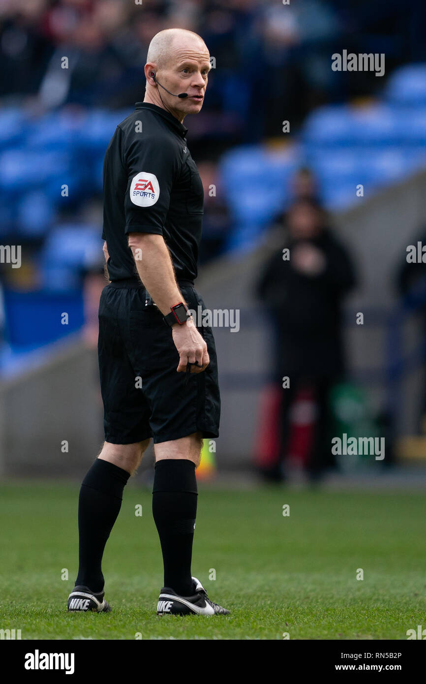 Arbitre Andy Woolmer en action pendant le match 16 février 2019, le stade de l'Université de Bolton, Bolton, Angleterre ; Sky Bet Championship, Bolton Wonderers vs Norwich City ; Credit : Terry Donnelly /News Images images Ligue de football anglais sont soumis à licence DataCo Banque D'Images