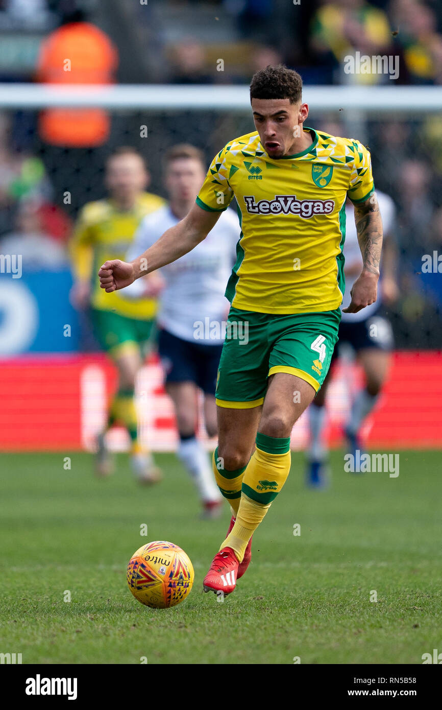 Norwich City Ben Godfrey en action pendant le match 16 février 2019, le stade de l'Université de Bolton, Bolton, Angleterre ; Sky Bet Championship, Bolton Wonderers vs Norwich City ; Credit : Terry Donnelly /News Images images Ligue de football anglais sont soumis à licence DataCo Banque D'Images