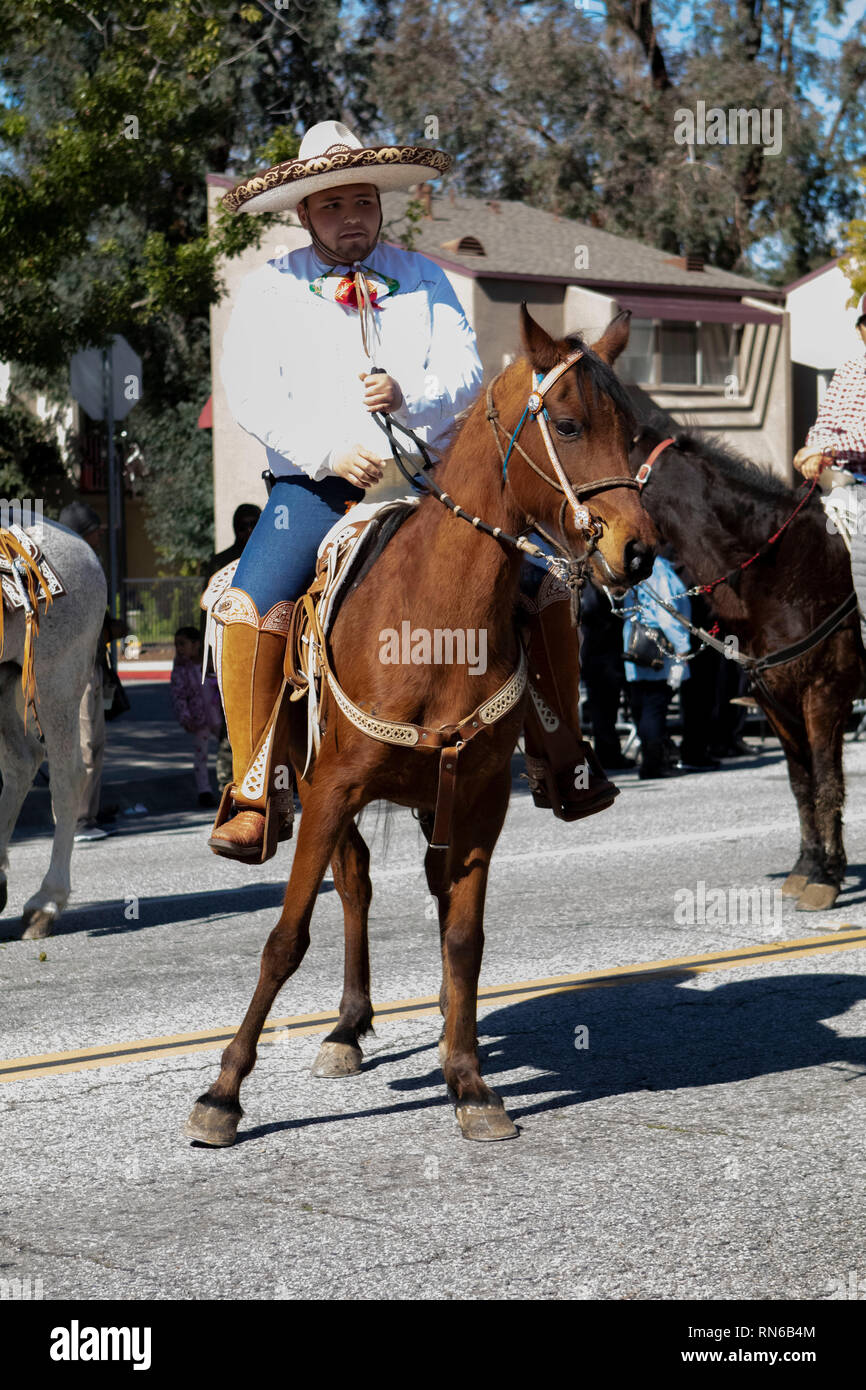 Pasadena, Los Angeles County, Californie, USA. 16 février 2019. - 37e assemblée annuelle de l'histoire des Noirs et le Festival Parade qui célèbre le patrimoine et la culture noire. La Communauté et les villes environnantes s'est joint à la célébration en participant et regarder la parade qui avait des stars, hommes politiques, militants, les clubs et les enfants de tous âges à partir de différents niveaux scolaires. Credit : Watrous Jesse/Alamy Live News Banque D'Images