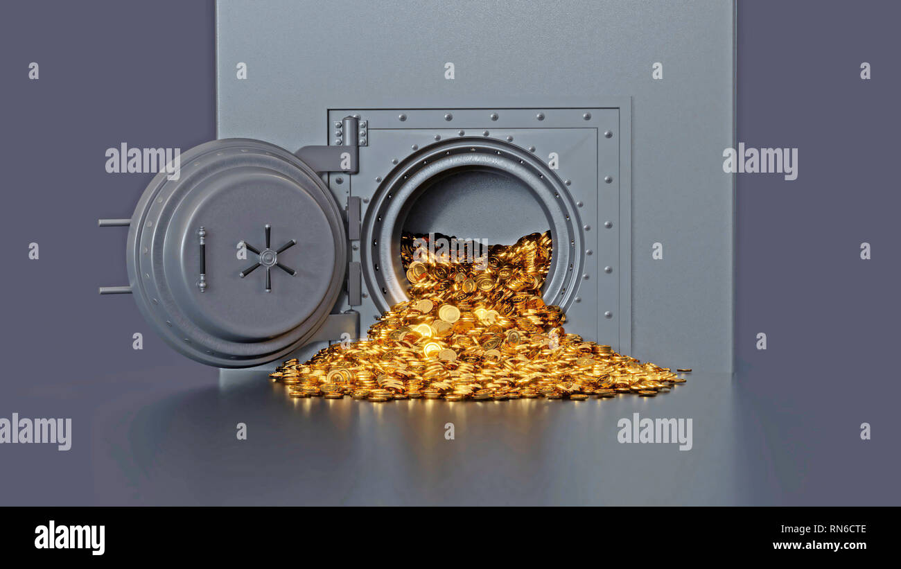 Banque Banque ouverture porte révélant une pièce d'or. Le rendu 3d. Banque D'Images