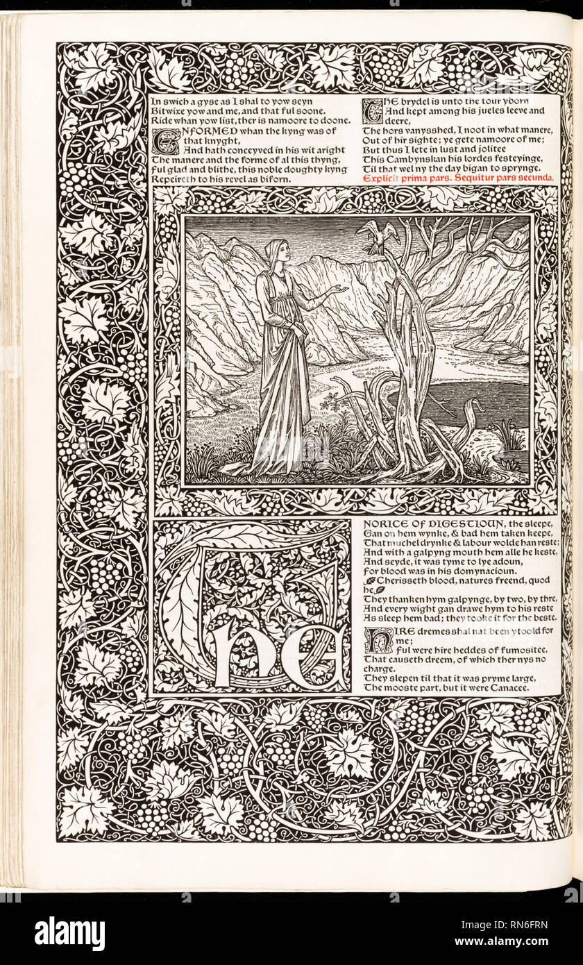 The Works of Geoffrey Chaucer (Kelmscott Chaucer) 1896 livre illustré de l'artiste britannique William Morris (1834-1896), imprimé par Kelmscott Press, mettant en vedette des gravures sur bois et des dessins complexes de Morris et Sir Edward Burne-Jones (1833-1898). Photographie tirée d'une édition originale de Kelmscott Press. Crédit : Collection privée / AF Fotografie Banque D'Images