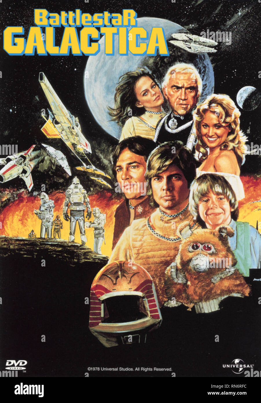 MAREN JENSEN, Lorne GREENE, LAURETTE SPANG, RICHARD HATCH, Dirk Benedict, NOAH HATHAWAY POSTER, Battlestar Galactica, 1978 Banque D'Images
