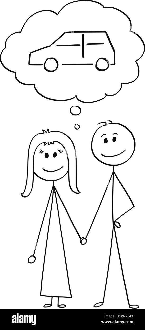 Caricature du couple hétérosexuel de l'homme et de la femme pense à l'achat Voiture Illustration de Vecteur