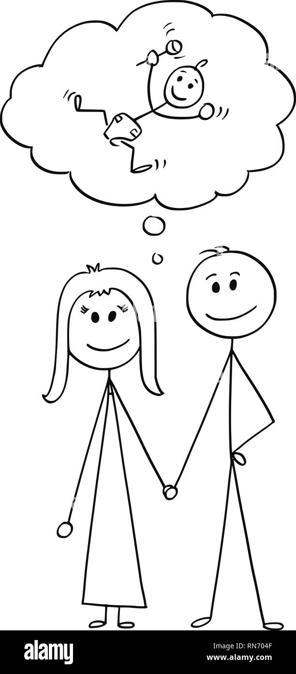 Caricature du couple hétérosexuel de l'homme et de la femme vous pensez avoir un bébé Illustration de Vecteur