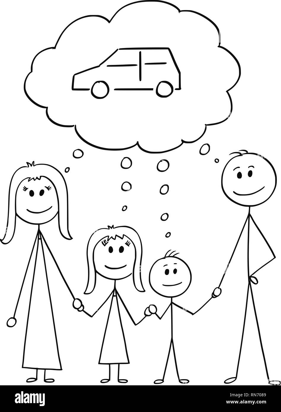 Caricature de famille, couple de l'homme et de la femme et de deux enfants de penser à l'achat Voiture Illustration de Vecteur