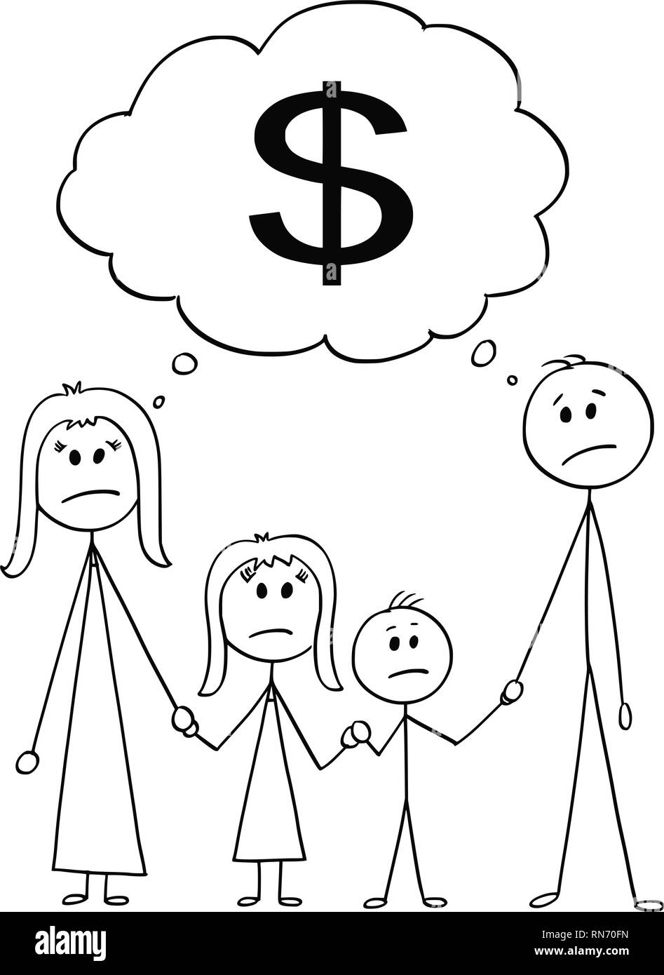 Caricature de famille, couple de l'homme et de la femme et deux enfants avec Dollar comme symbole de l'argent Illustration de Vecteur
