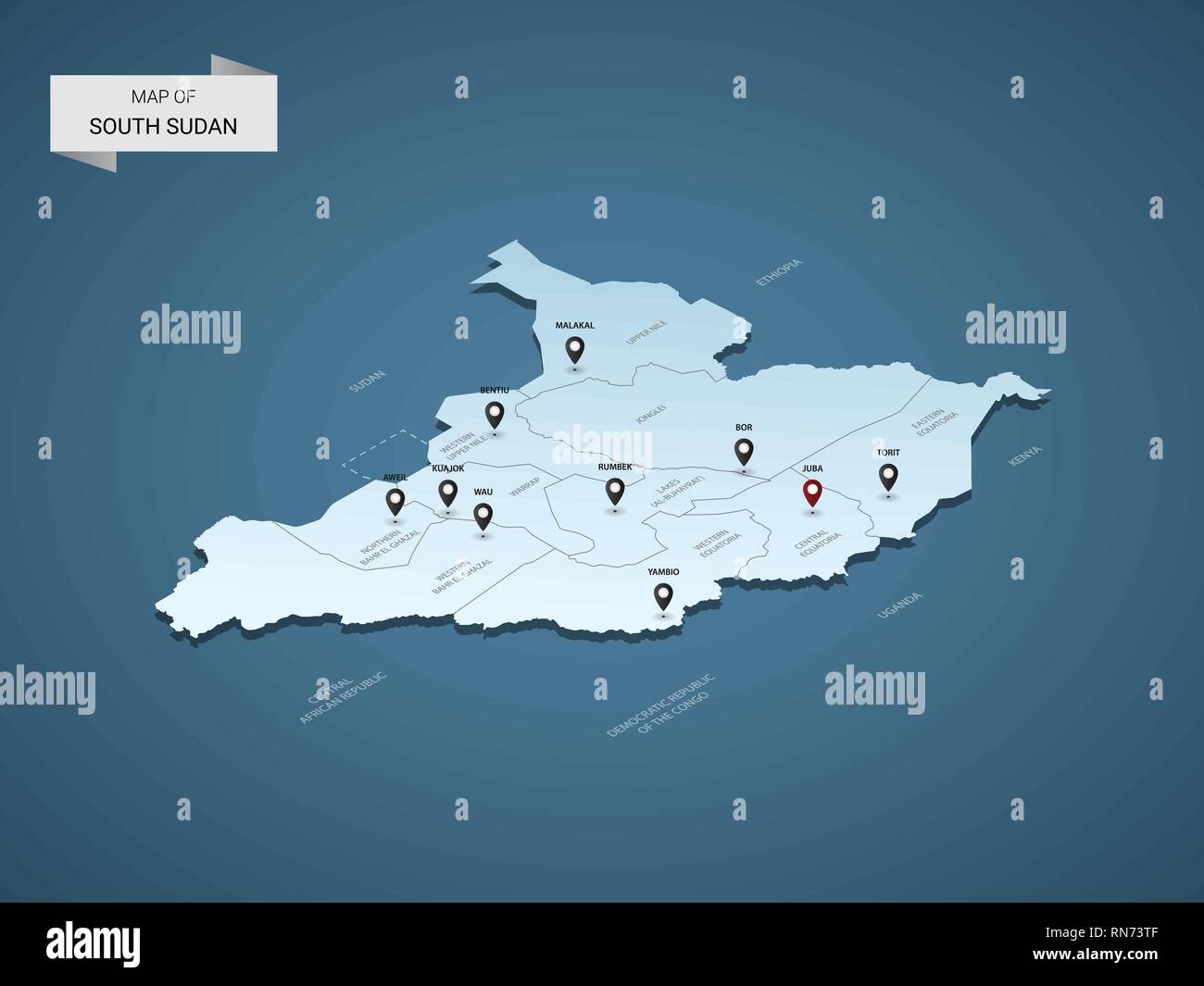 3D isométrique du Soudan du Sud, vector illustration avec les villes, les frontières, les capitaux, les divisions administratives et marques ; pointeur fond bleu dégradé Illustration de Vecteur