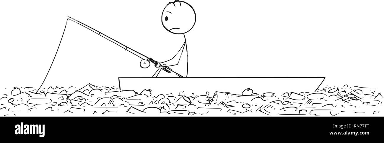 Caricature de pêcheur La pêche en bateau Dory ou dans l'eau pleine de déchets plastiques Illustration de Vecteur